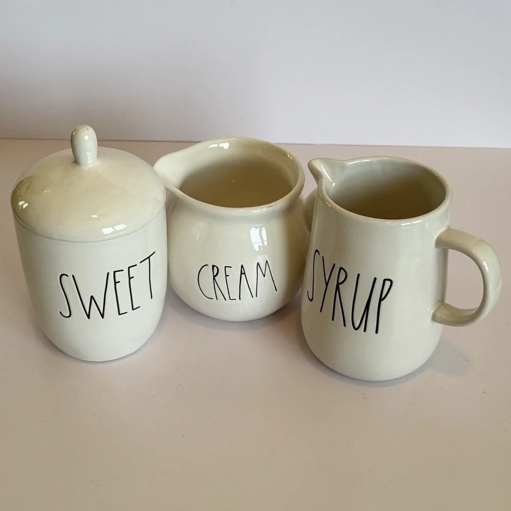 Rae Dunn SWEET CREAM SYRUP Coffee Bar Set Sugar Creamer Pitcher‎ Farmhouse Gift